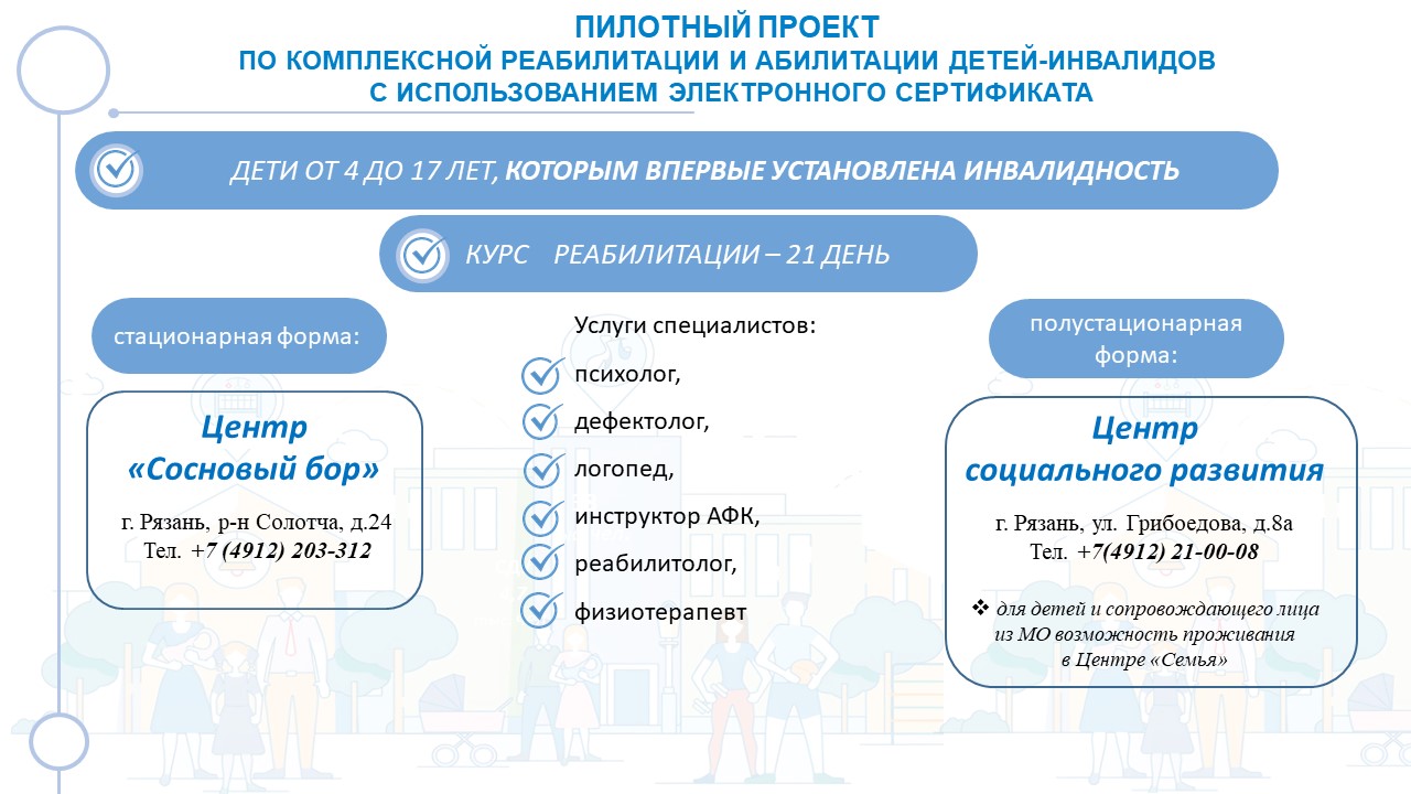 ПИЛОТНЫЙ ПРОЕКТ ПО КОМПЛЕКСНОЙ РЕАБИЛИТАЦИИ И АБИЛИТАЦИИ ДЕТЕЙ-ИНВАЛИДОВ  С ИСПОЛЬЗОВАНИЕМ ЭЛЕКТРОННОГО СЕРТИФИКАТА.